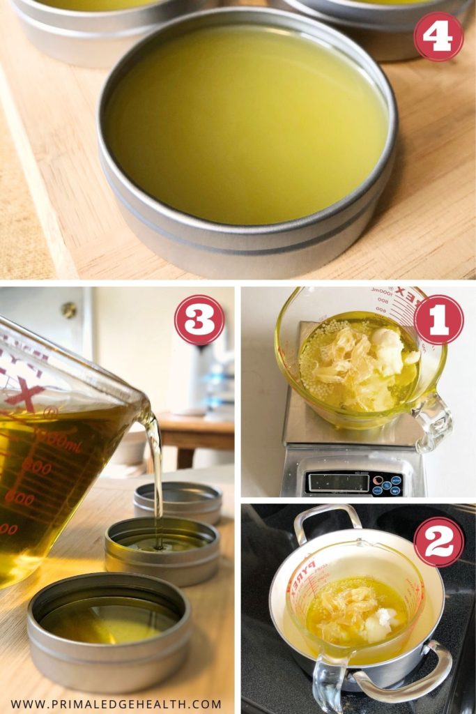 How to make tallow moisturizer collage of four photos showing the step-by-step process.