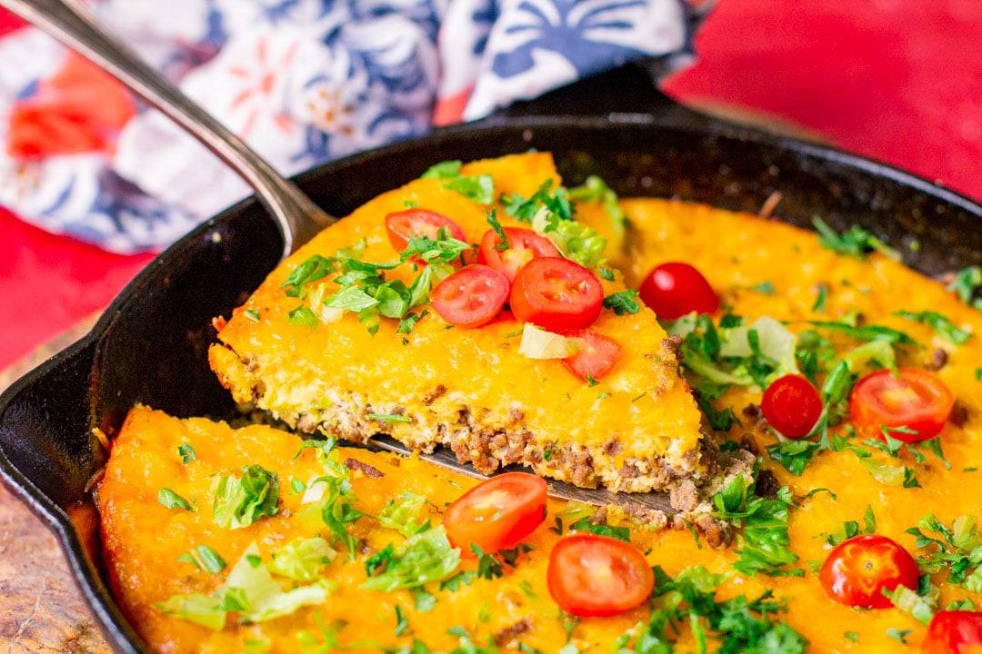 Keto taco casserole recipe in a pan.