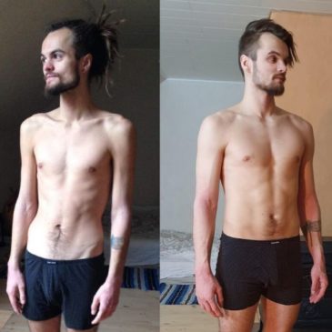 A man standing in a room and showing the before and after carnivore diet results.