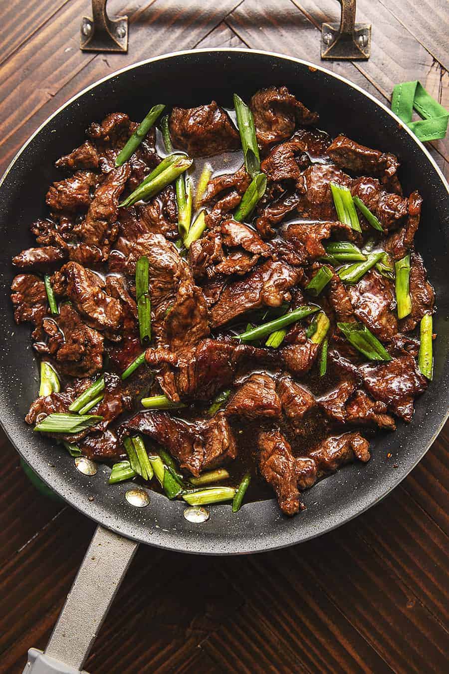 Keto Mongolian beef in a pan.