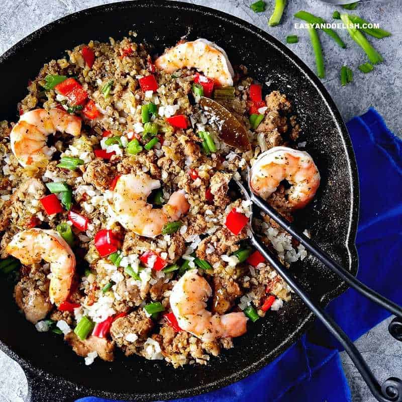 Cajun dirty rice with ground beef in a pan.