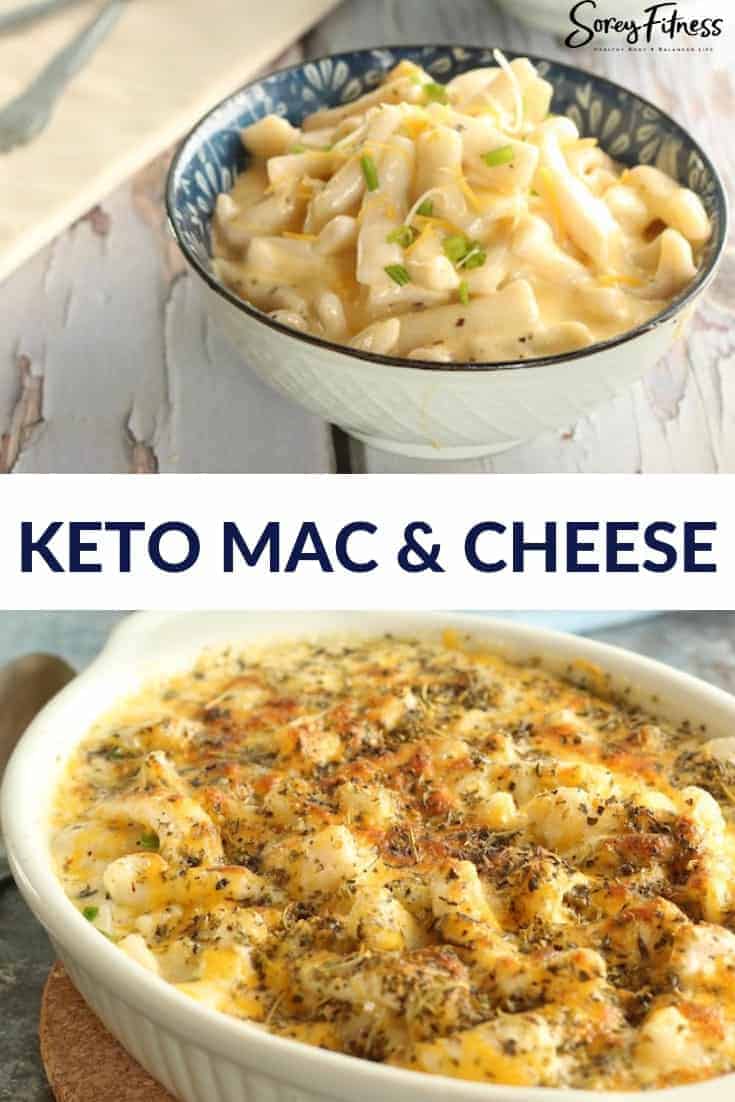 Keto mac and cheese collage of two recipes.