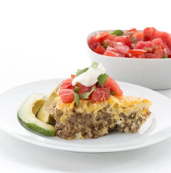 A plate of keto taco pie on a white plate.