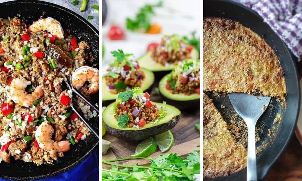 Easy keto meals with ground beef collage of three recipes.