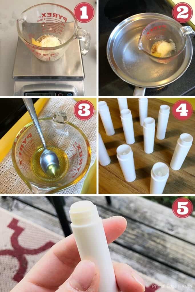 How to make tallow lip balm collage of the step-by-step directions.