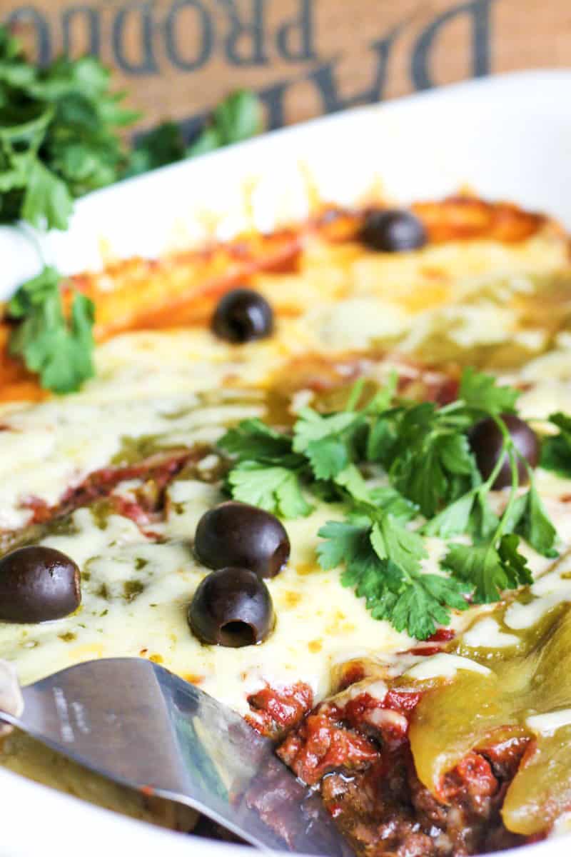 Keto Chile relleno casserole in a white dish.