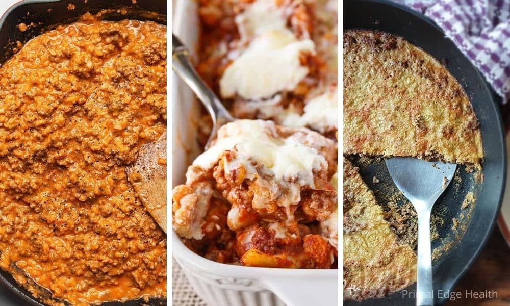 Ground beef low carb dinner collage of three recipes.