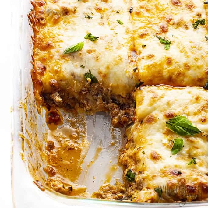 Easy keto eggplant lasagna recipe in a white dish.