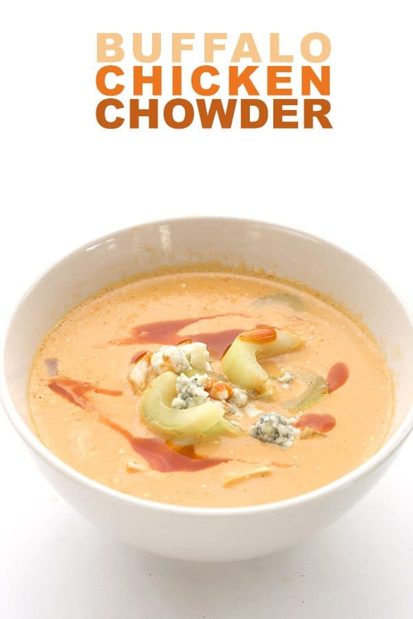 Buffalo chicken chowder in a white bowl.