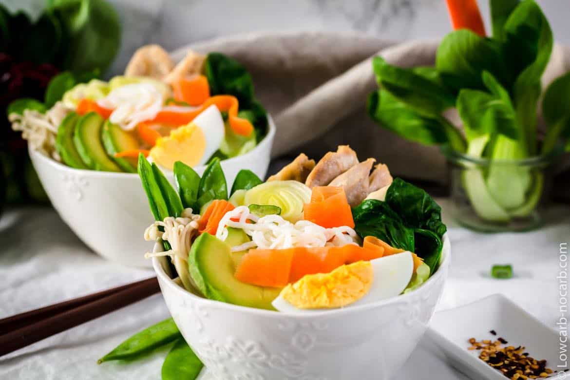 Two bowls of keto ramen chicken soup recipe.