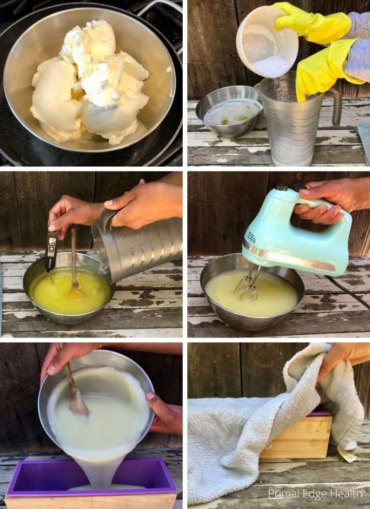 6 images of beef tallow in soap step by step directions.
