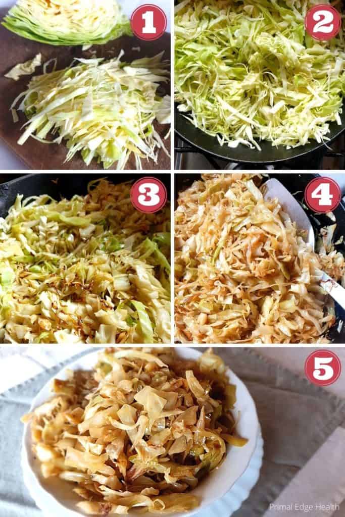 Braising cabbage. Collage of the step-by-step process.