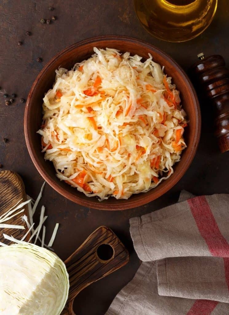 Fermented keto side dish in a brown bowl.