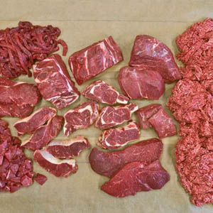 Fresh meat cut in different ways.