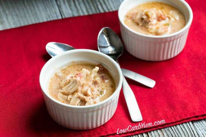 Two bowls of low-carb crock pot chicken soup.