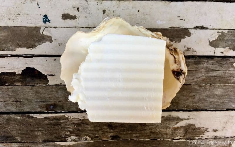 Tallow Soap on a wooden surface.