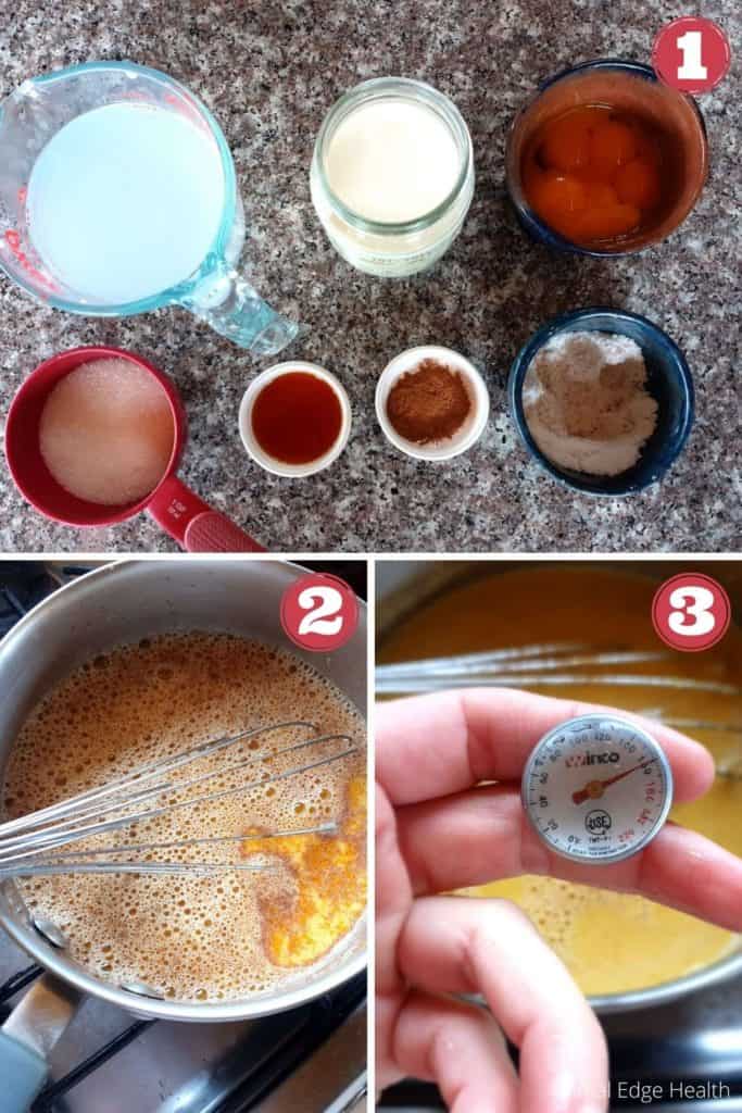 3 images of step by step process of eggnog recipe.