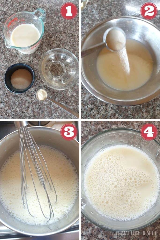 4 images of a step by step process of cheesecake pudding.
