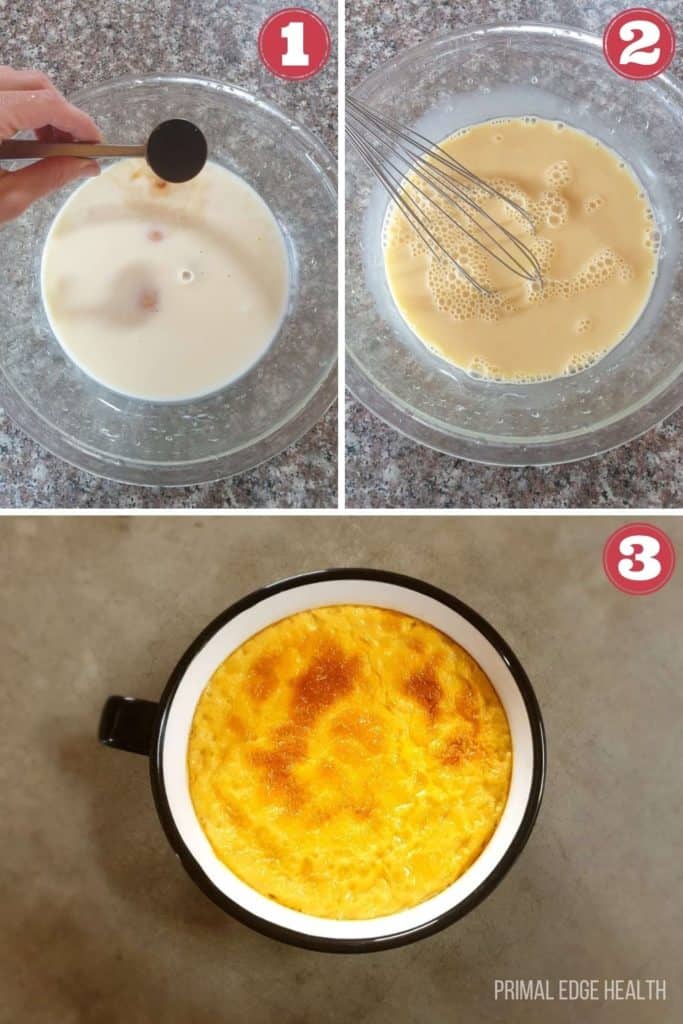 3 images of step by step process of low carb custard.