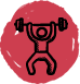 A simple icon of a person lifting weights in red background.