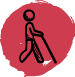 A simple icon of a blind person walking in red background.