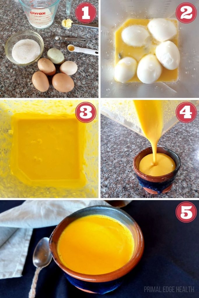 5 images of how to make egg pudding.