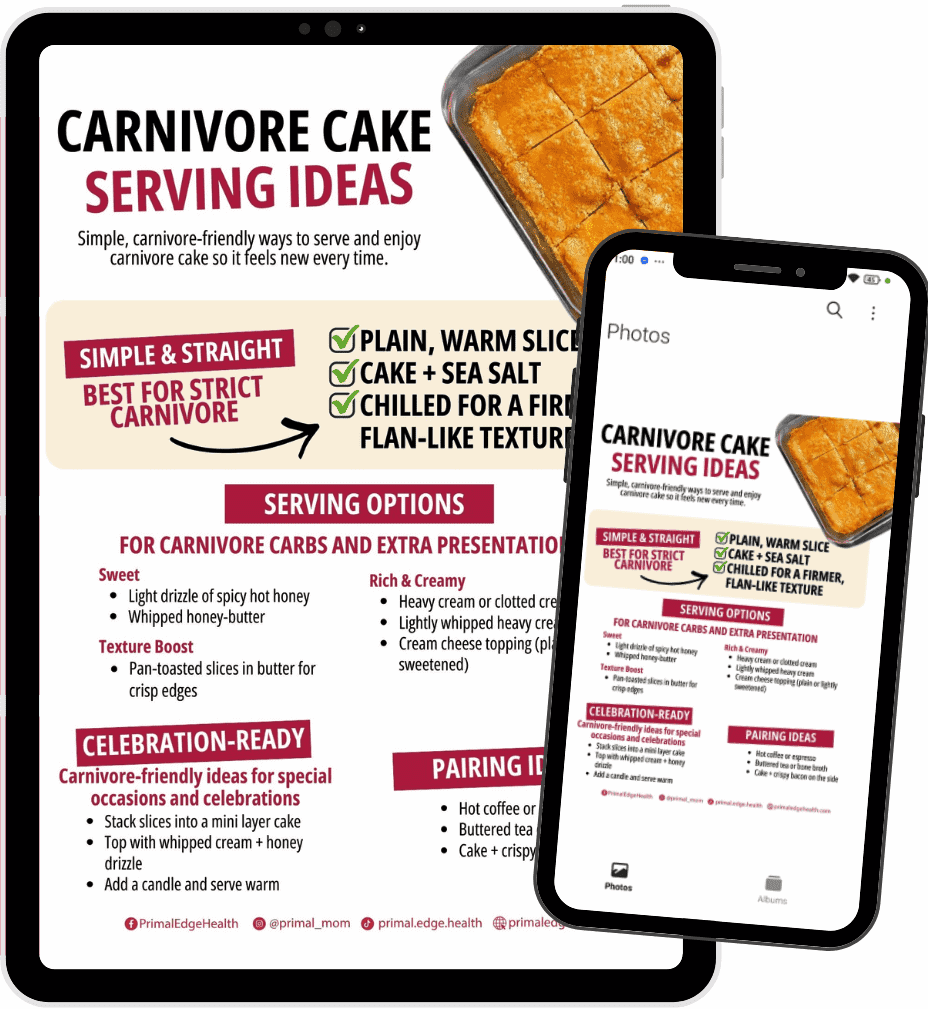 Tablet and smartphone screens display a guide titled "Carnivore Cake Serving Ideas," featuring creative Carnivore Cake serving suggestions, presentation tips, and pairing ideas for your next protein-packed celebration.