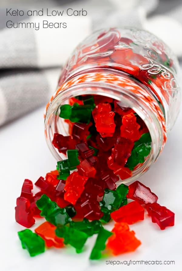 Keto low carb gummy bears in a glass jar.