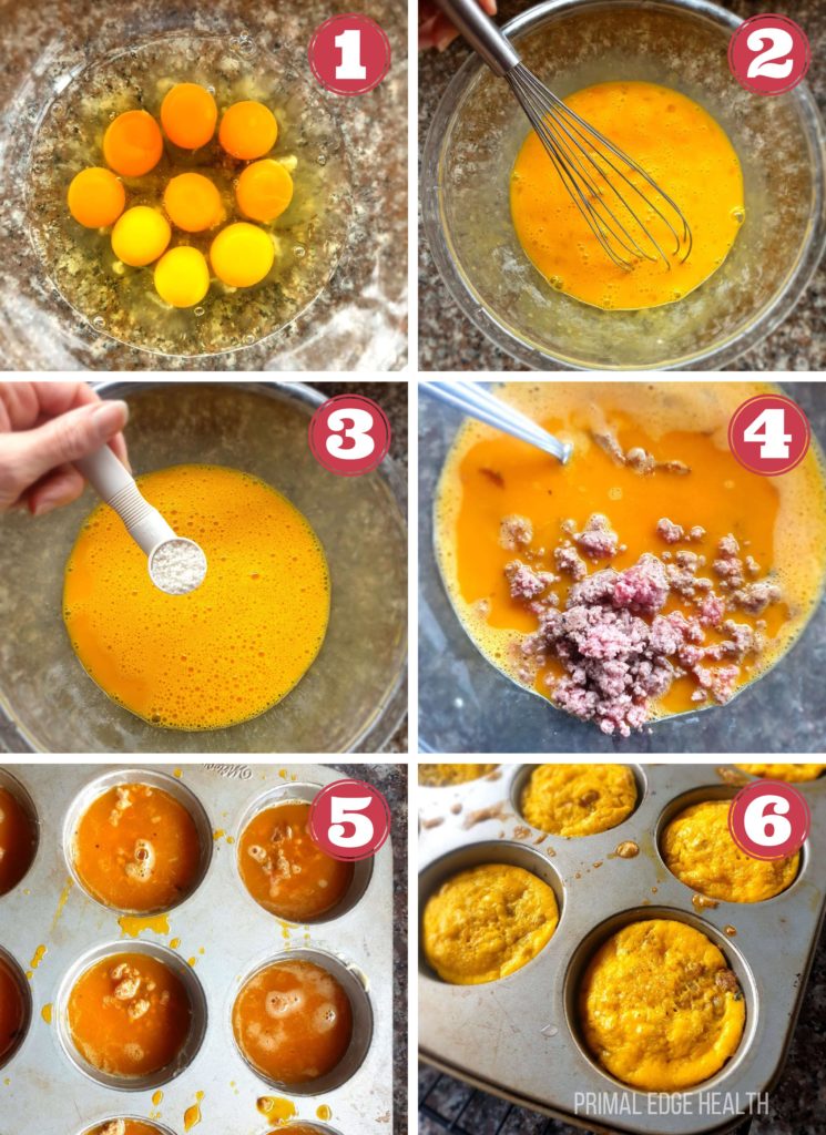 6 images of how to make carnivore diet breakfast muffins.