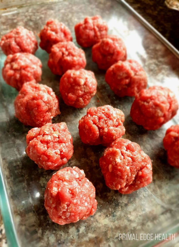 Carnivore diet meatballs in a glass dish.