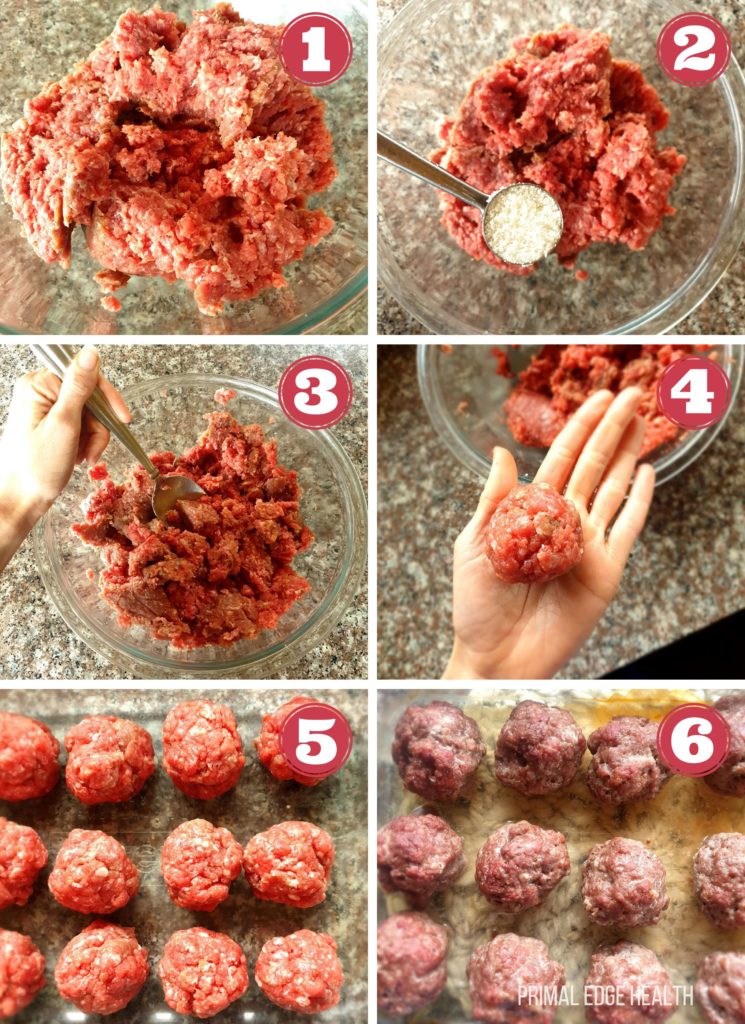 6 images on how to make carnivore meatballs.