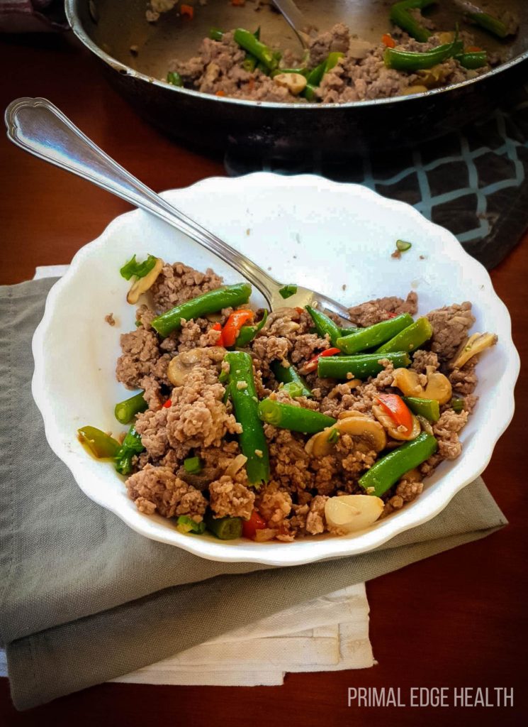 Keto Ground Beef Stir Fry in a white bowl.