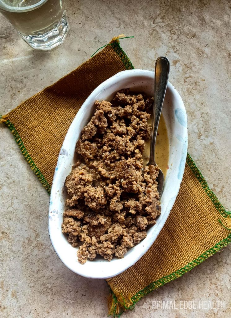 A dish of carnivore ground beef stroganoff.