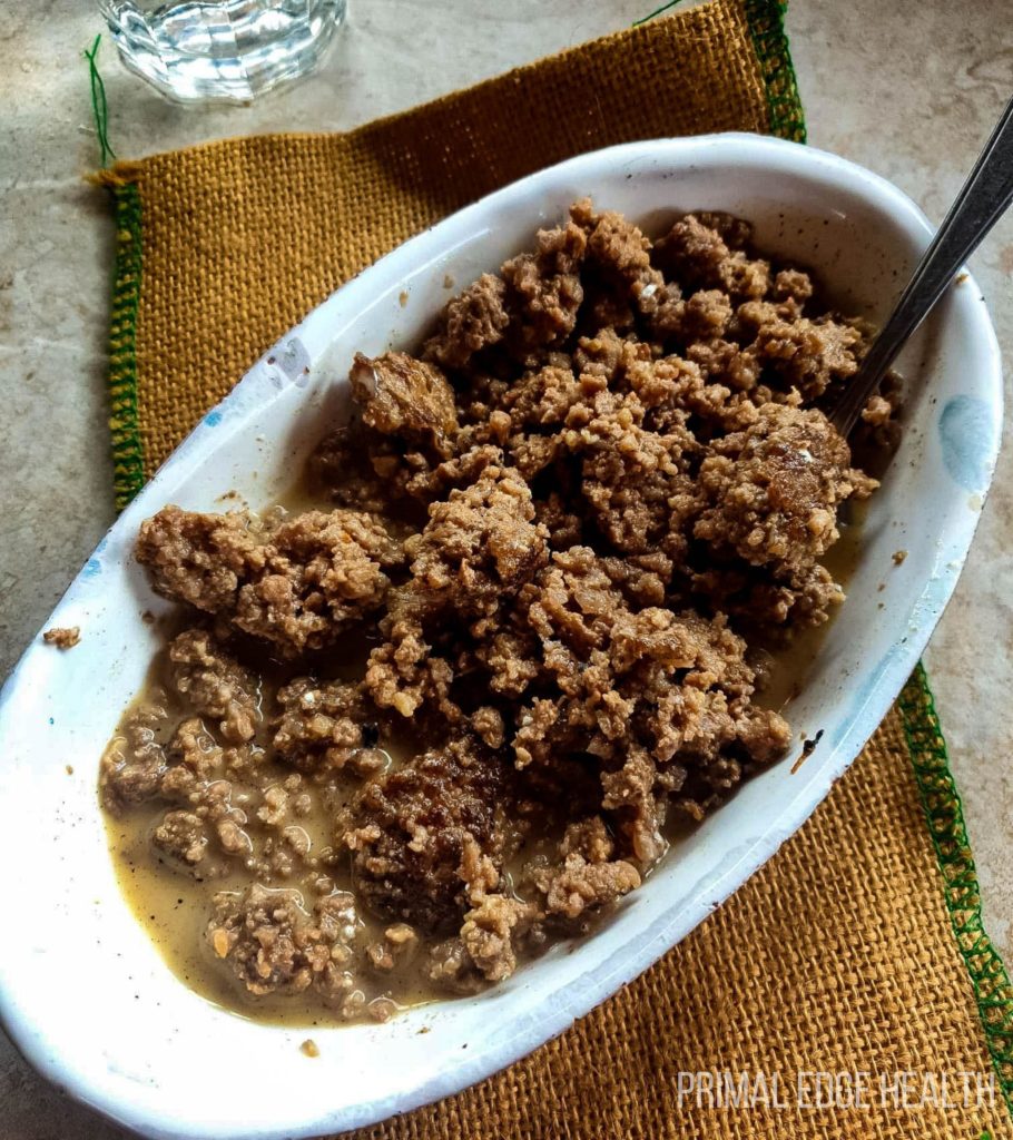 Carnivore ground beef stroganoff in a white dish.