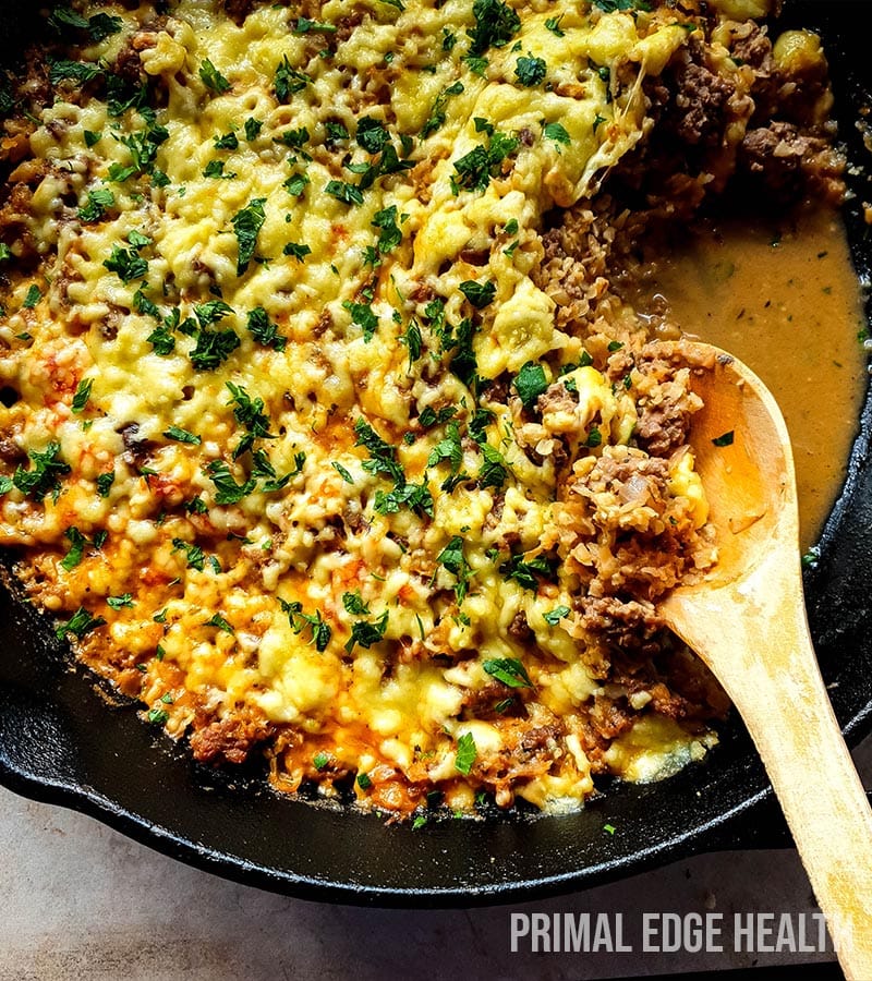 A whole serving of italian ground beef skille in a black pan.