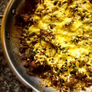 Philly cheesesteak in a pan.