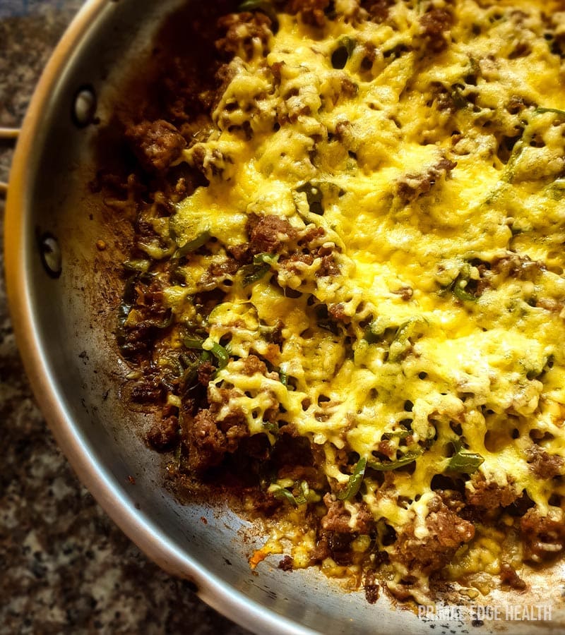 Philly cheesesteak in a pan.