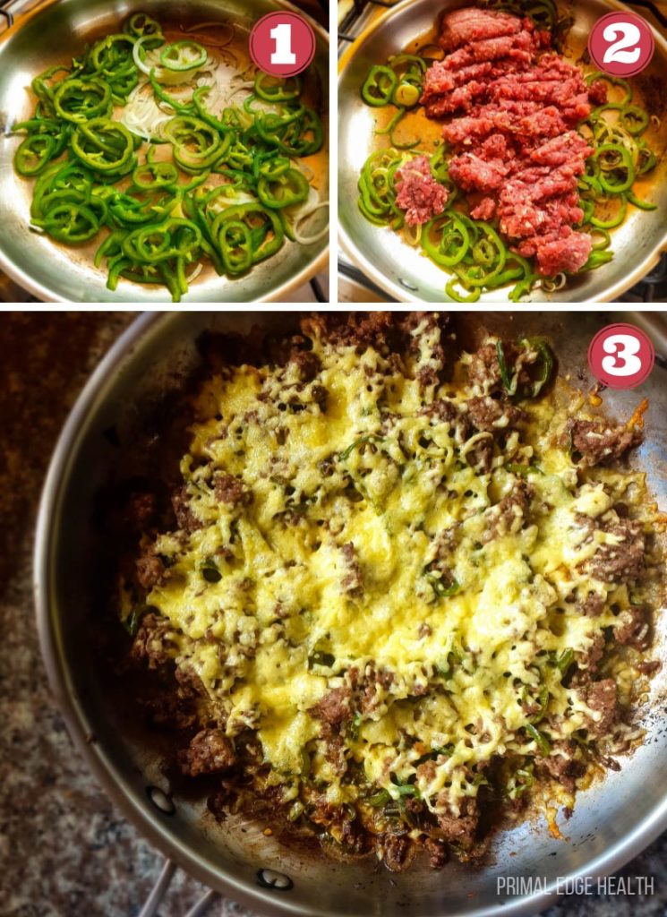 step by step directions for Philly cheesesteak skillet