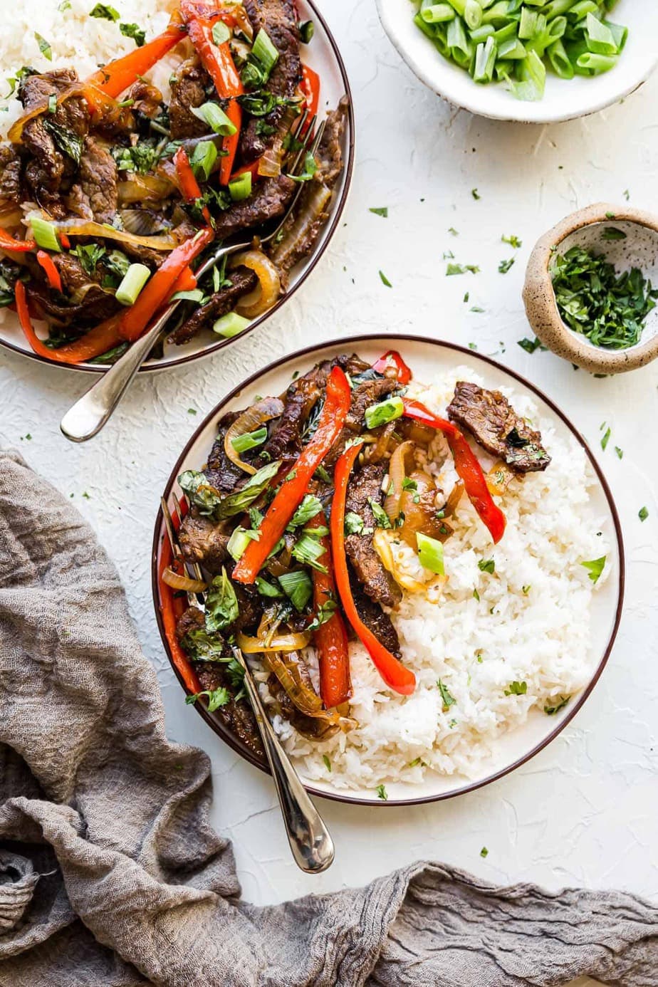 A serving of One Pan Thai Basil Beef on a white plate.