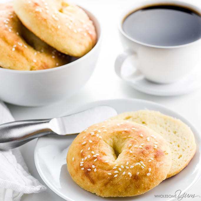 Low carb bagels served with a cup of coffee.