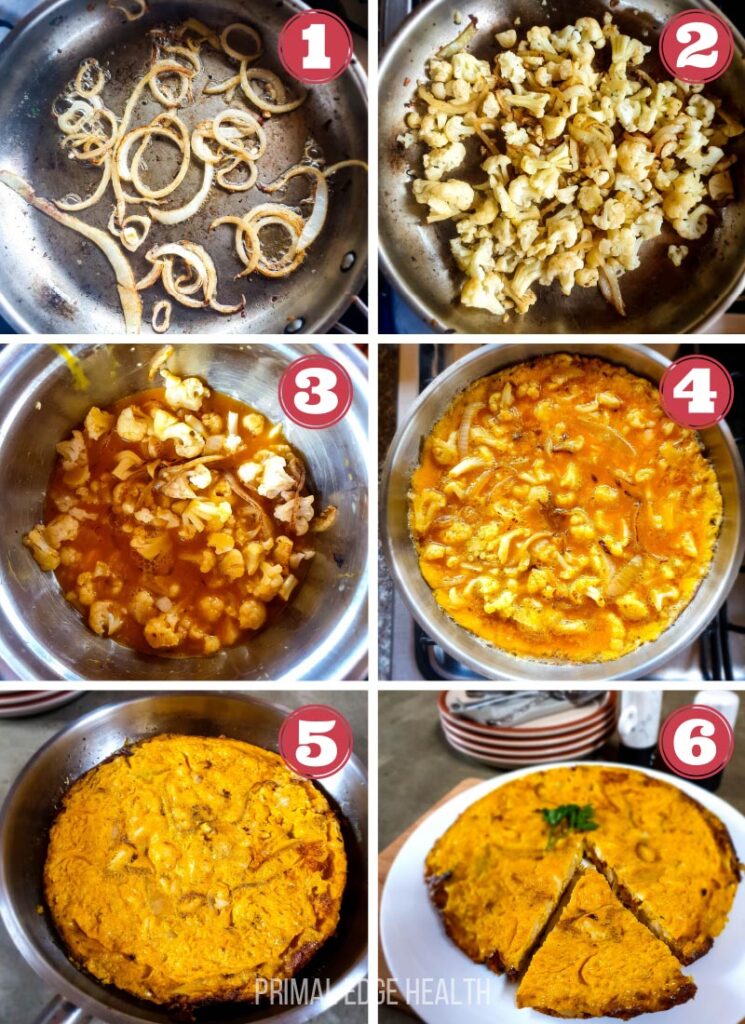 6 images of step by step process of Spanish omelette.