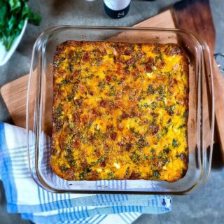 A full serving of baked omelette in a glass dish.