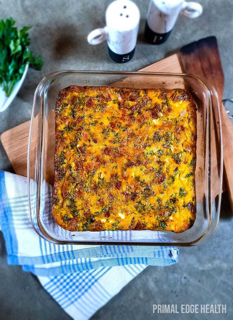 A full serving of baked omelette in a glass dish.