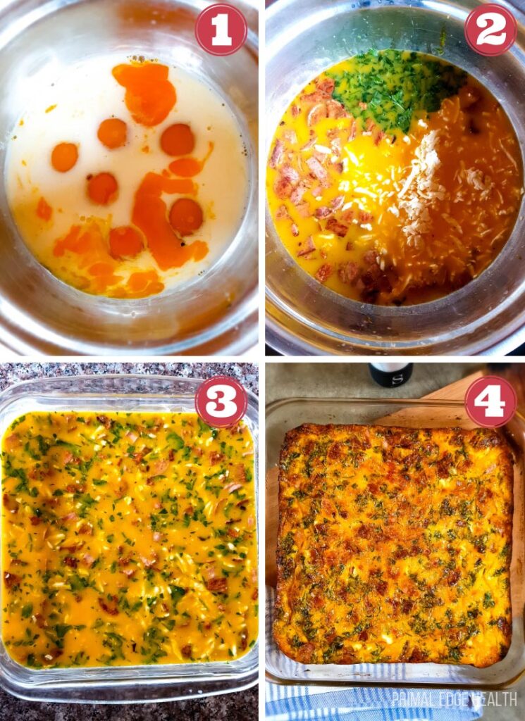 4 images of step by step process of baked omelette.