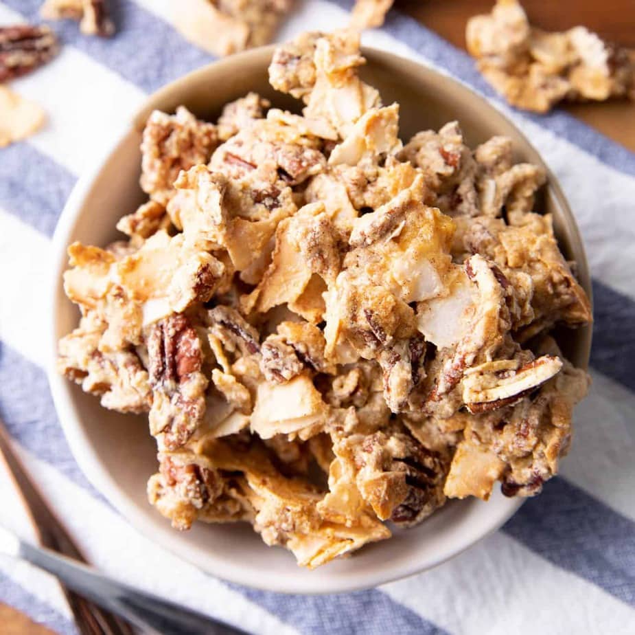 A serving of keto granola in a bowl.