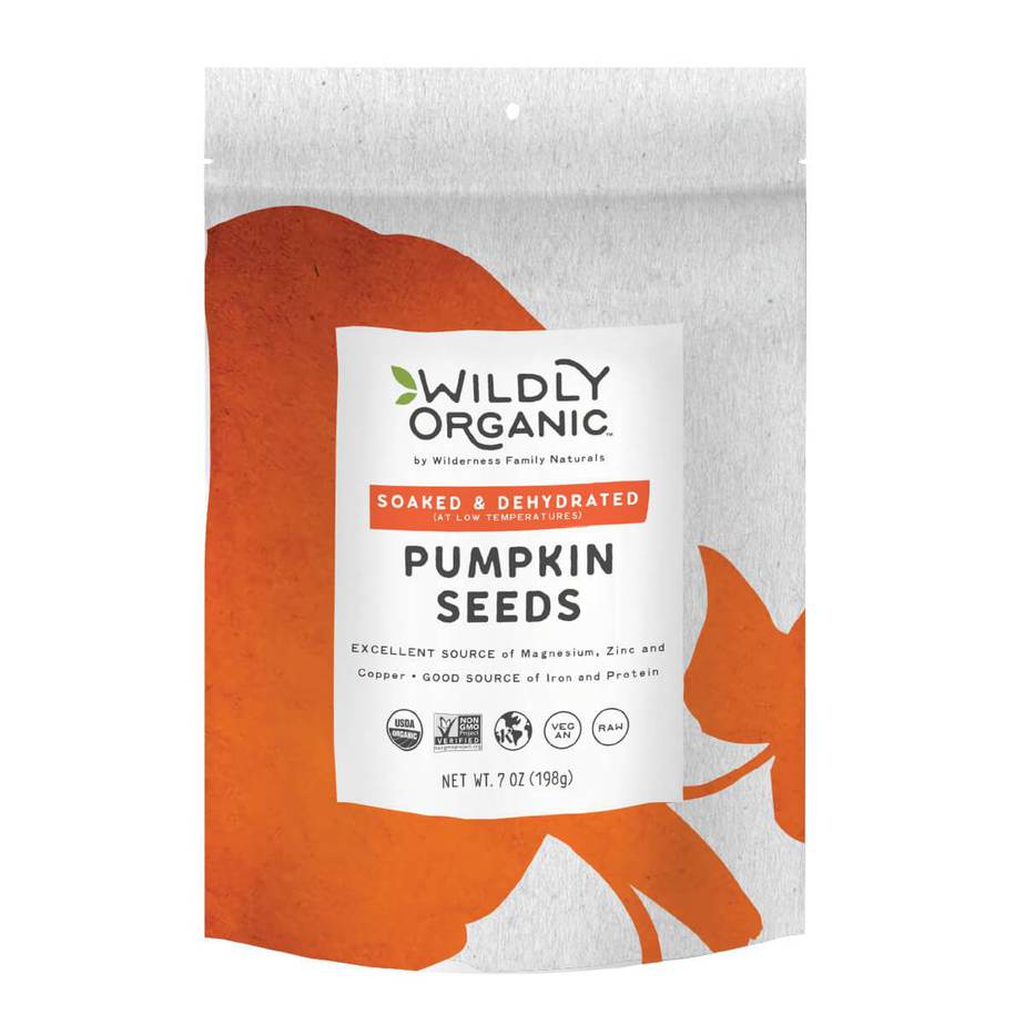 A bag of wildly organic pumpkin seeds.