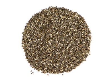 Chia seeds on a white background.