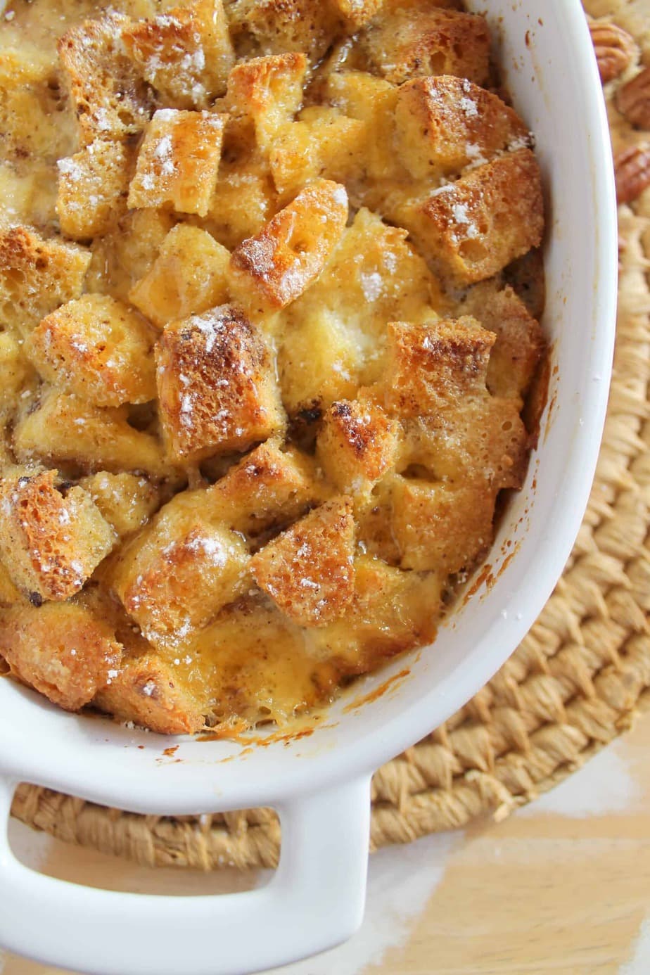 Keto french toast casserole in a white dish.