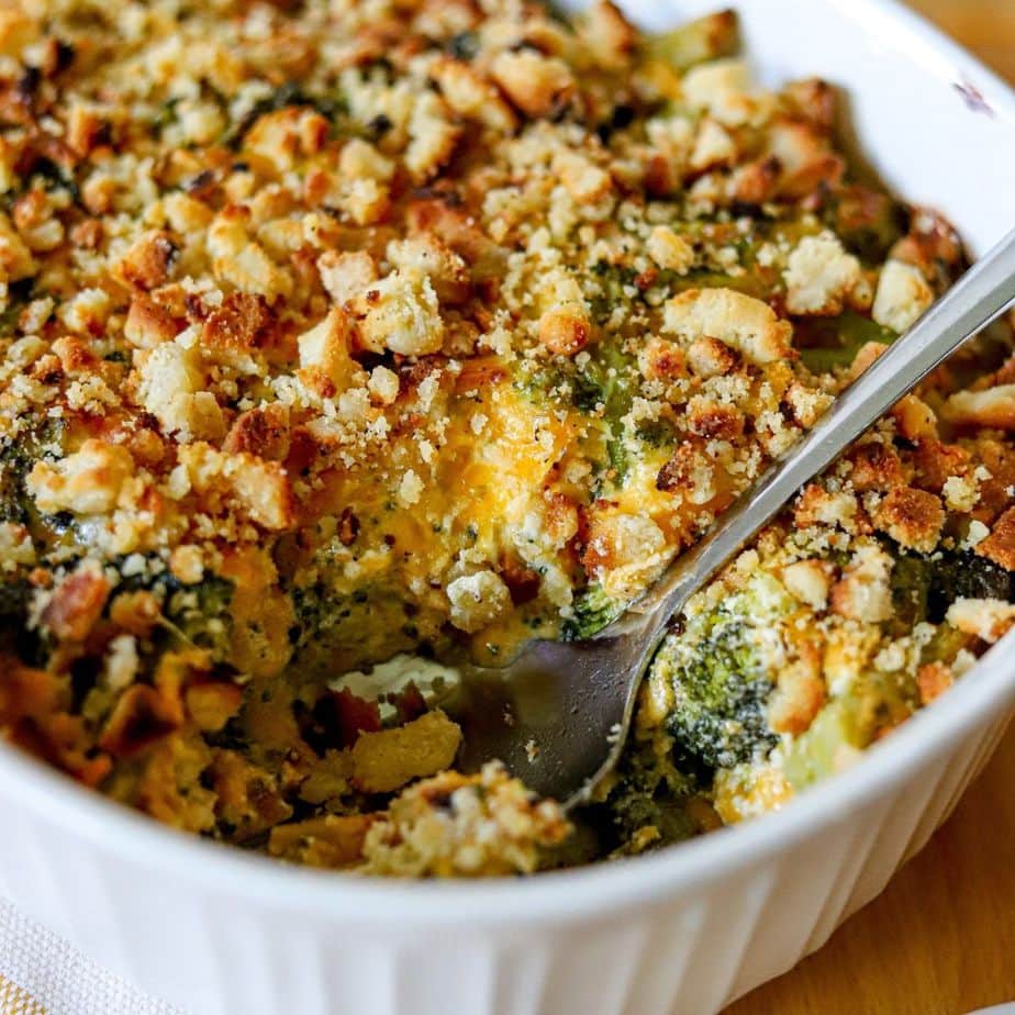 Keto cheesy broccoli casserole in a white dish.