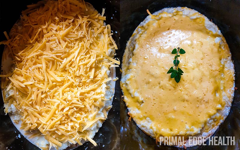 One pot containing shredded cheese and the other with melted cheese.